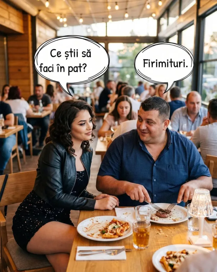 , masa si text Ce stii sa faciinpat? faci in pat? Firimituri.