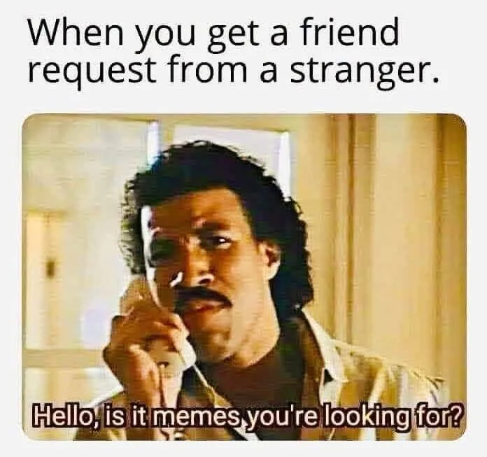 When you get a friend request from a stranger. Hello, iS it memes you re looking for?