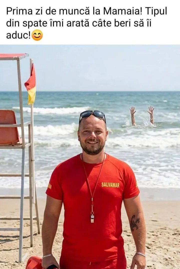 , barba, plaja si text Prima Prima zi de munca la Mamaia! Tipul din spate imi arata cate be...